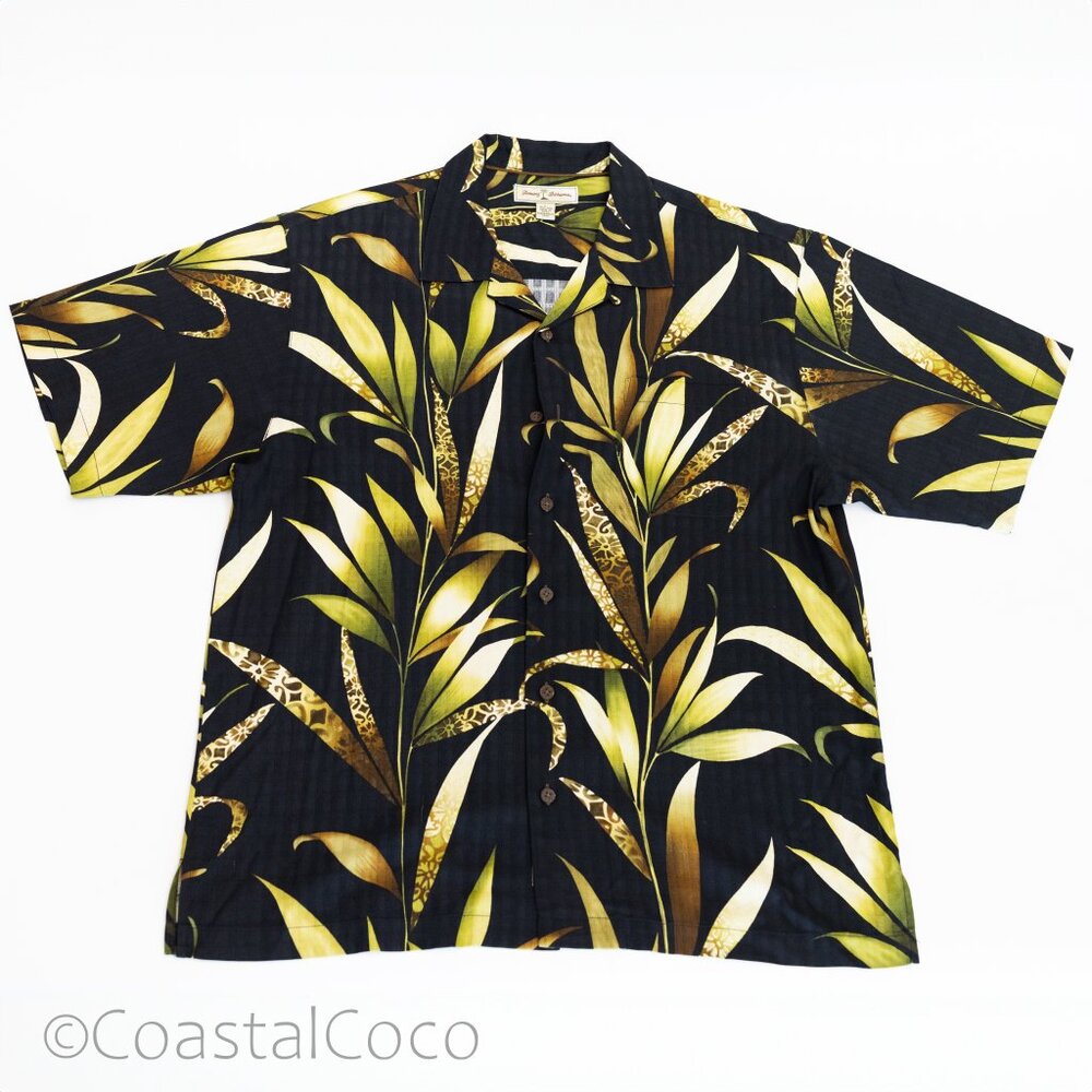 Tommy Bahama Bamboo Button Up Shirt L 100% Silk Black Luxury Tropical Resortwear